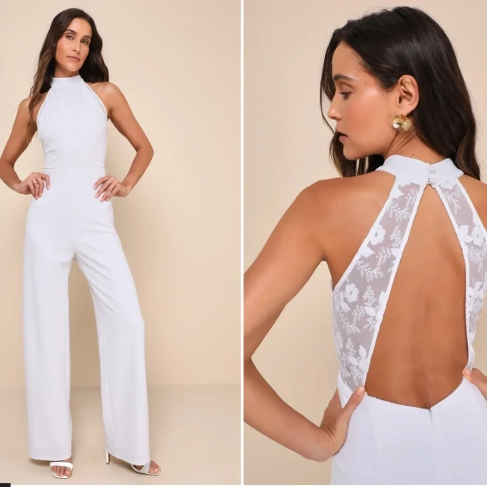 LULU's Wedding Bridal Shower Engagement White Lace Jumpsuit Pantsuit NWOT